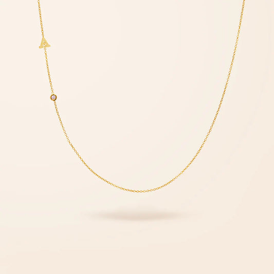14K Gold One Initial and Diamond Bezel Necklace