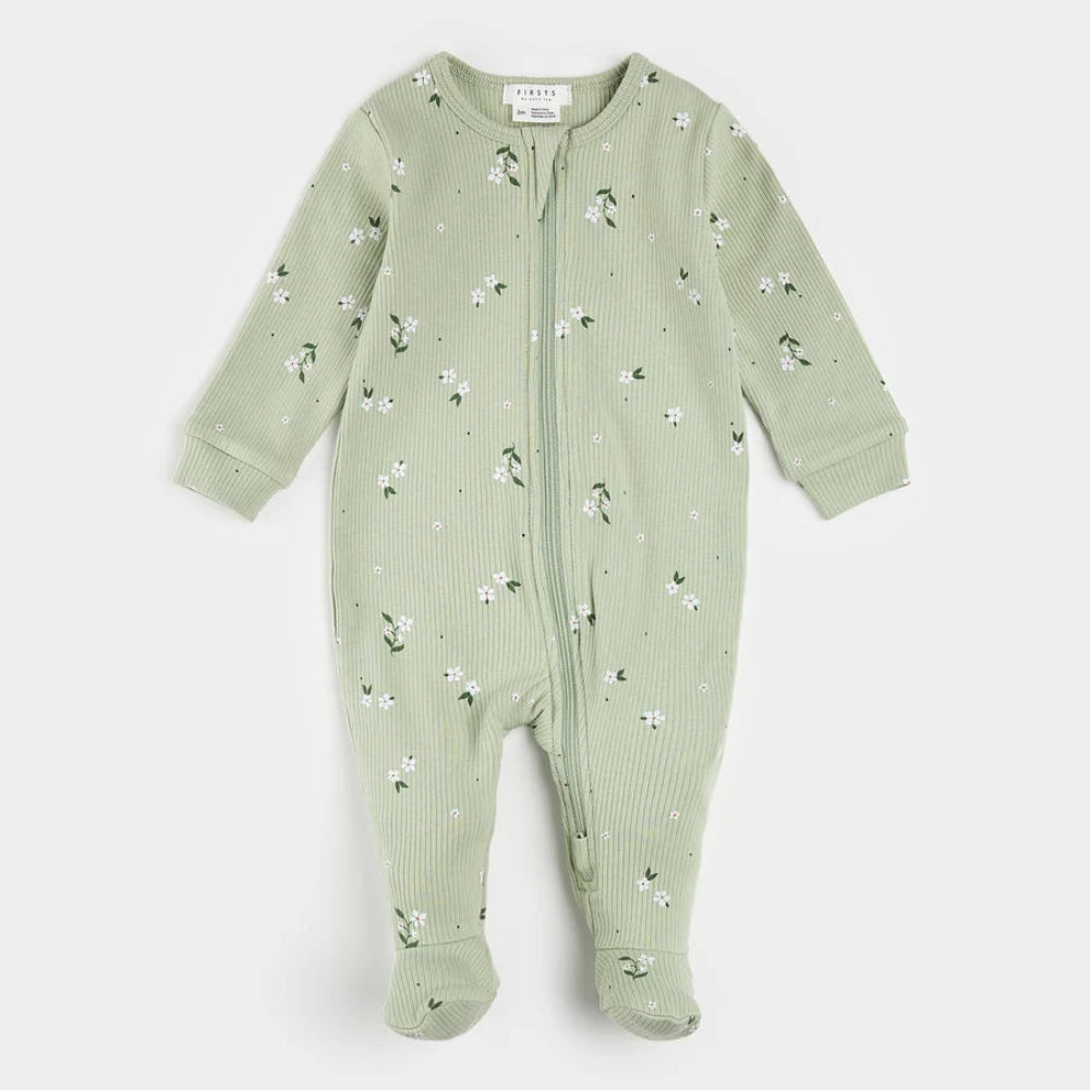 Ribbed Footed Sleeper - Ditsy Floral on Sage