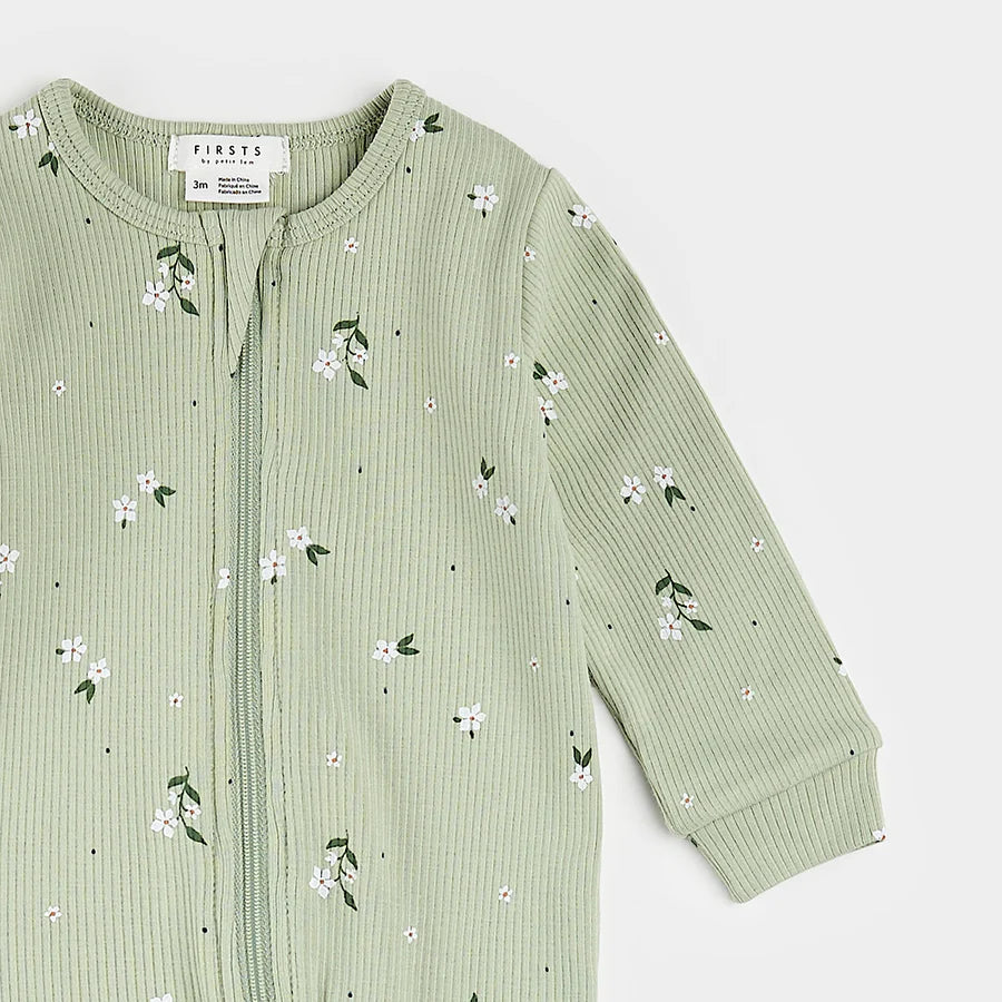 Ribbed Footed Sleeper - Ditsy Floral on Sage