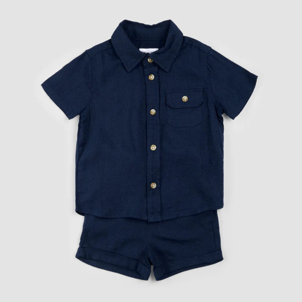 Linen Blend Shirt and Short Set - Navy