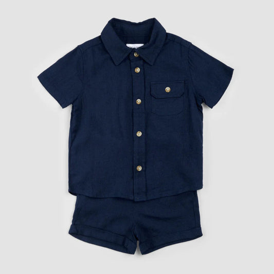 Linen Blend Shirt and Short Set - Navy