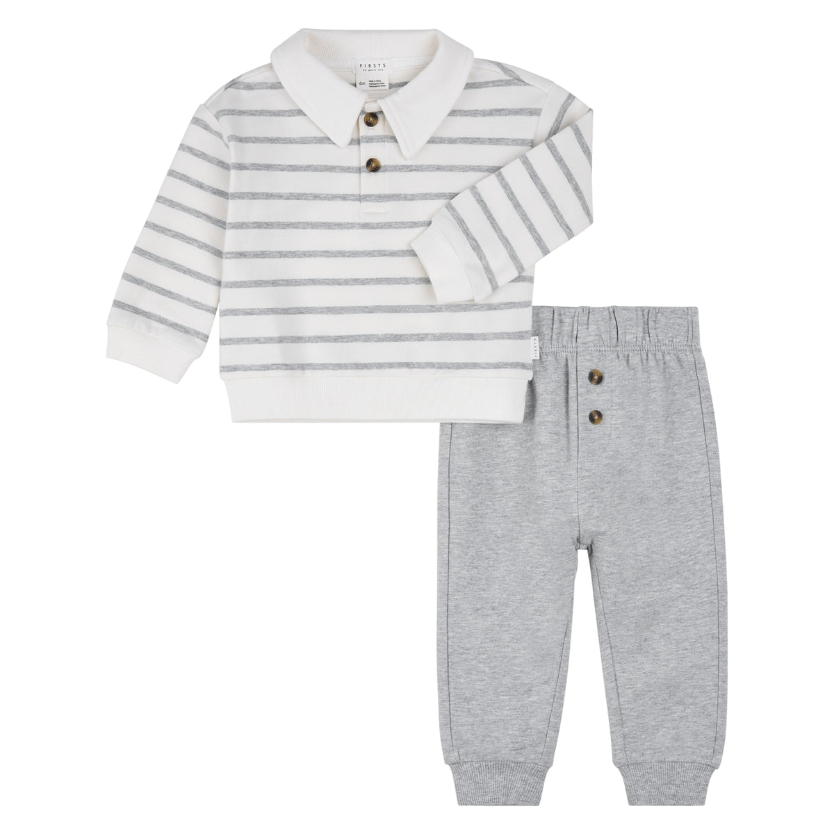 Polo Top and Bottom Set - Grey Stripes