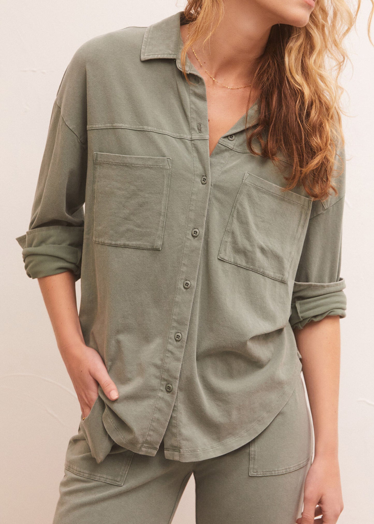 Nicola Button Up Top - Evergreen