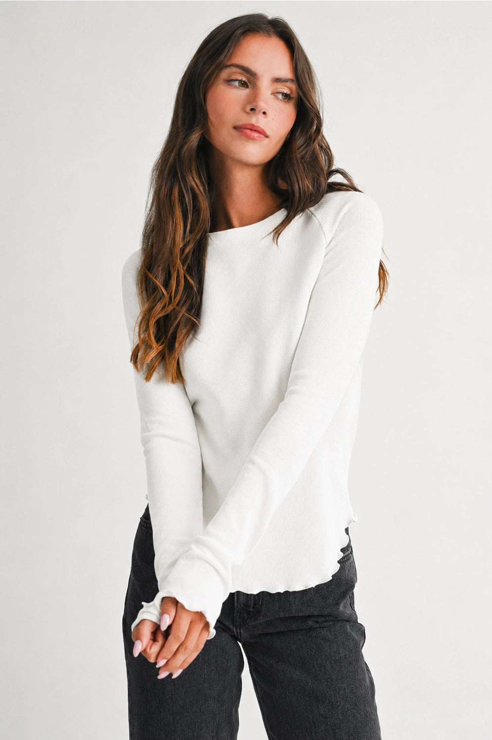 Thermal Knit Lettuce Edge Top - White