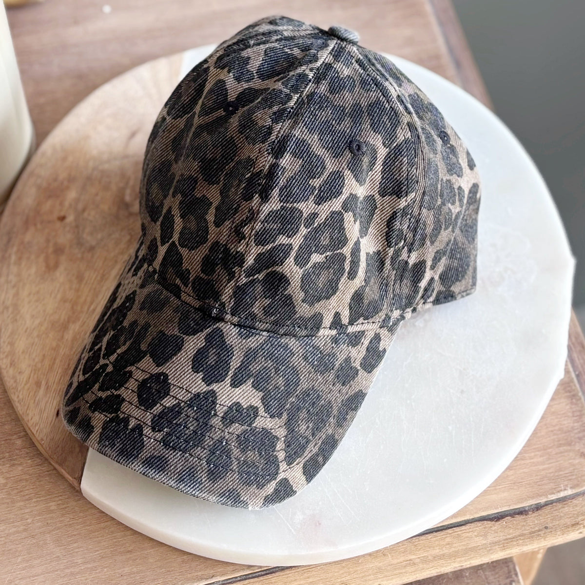 Washed Denim Baseball Cap - Leopard