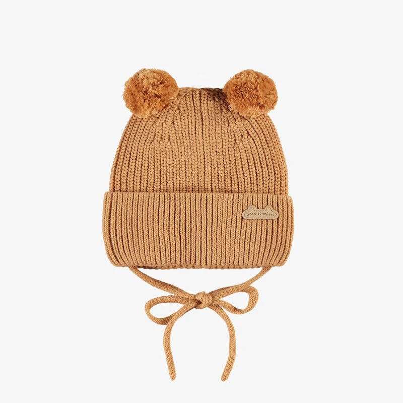 Knit Baby Hat with Pompoms - Caramel