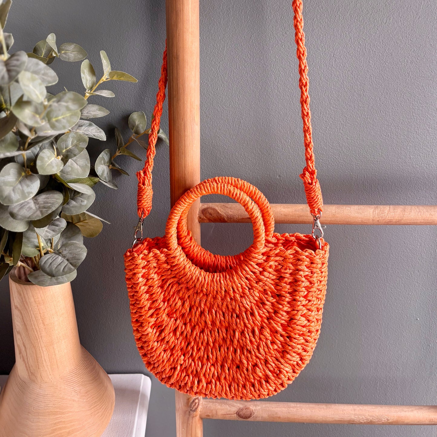 Half Moon Rattan Purse - Tangerine