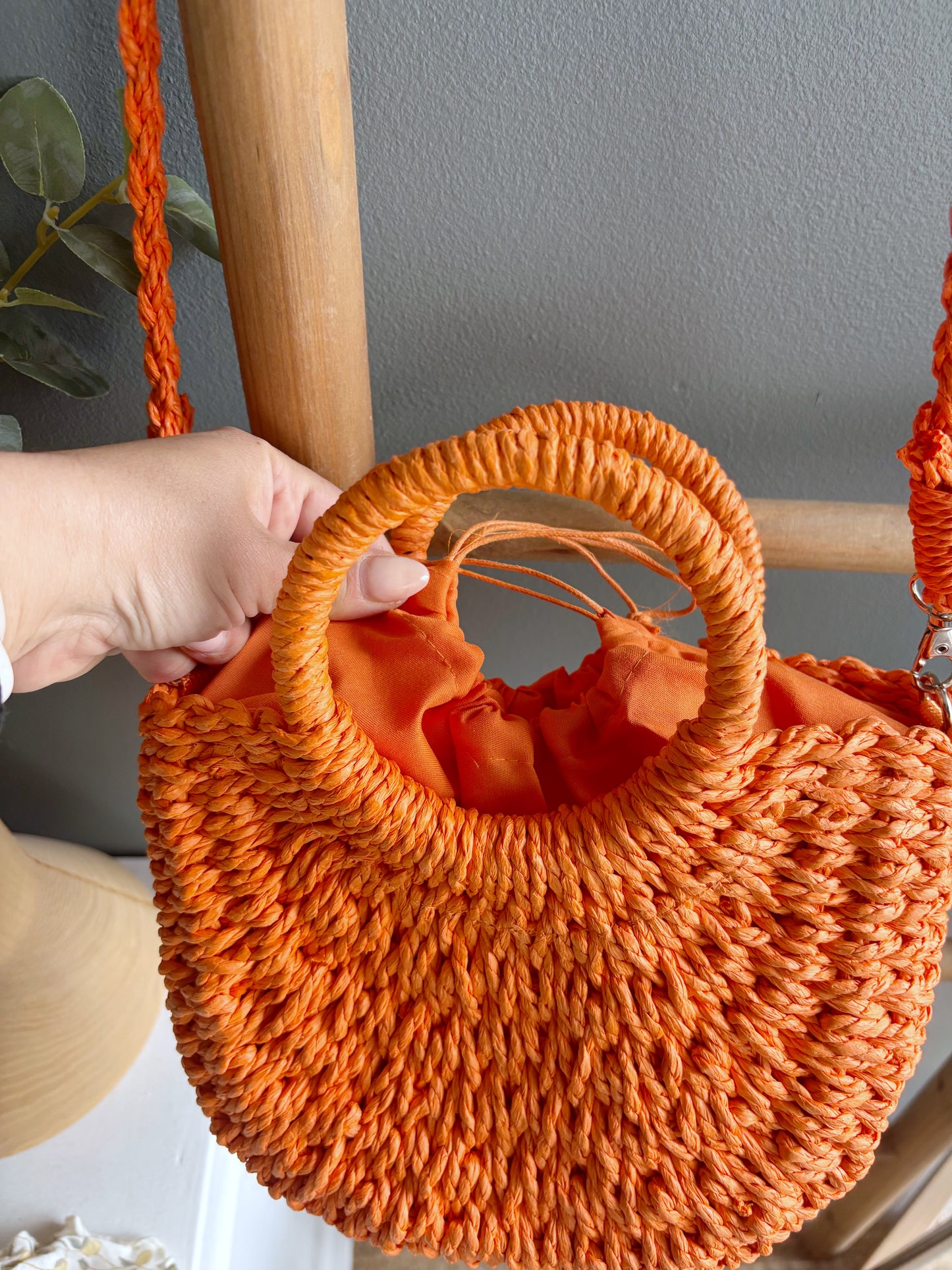 Half Moon Rattan Purse - Tangerine