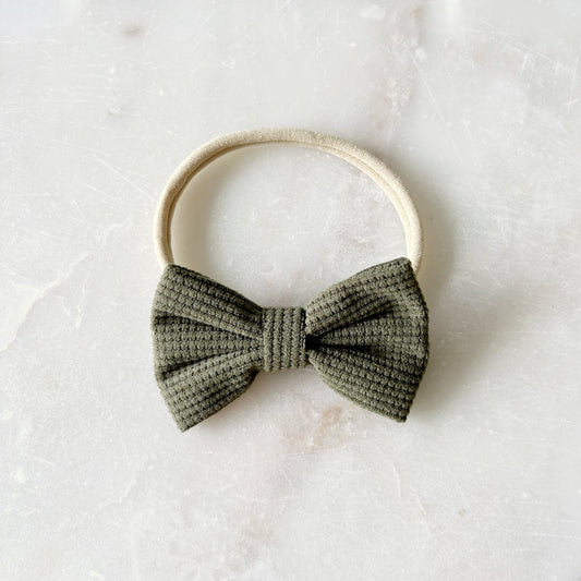 Waffle Bow Stretch Headband - Olive Green