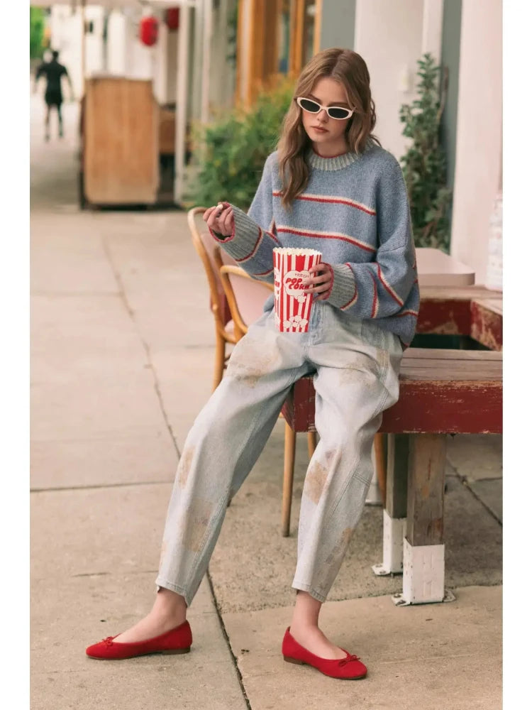 Ribbed Neck Sweater - Blue/Red