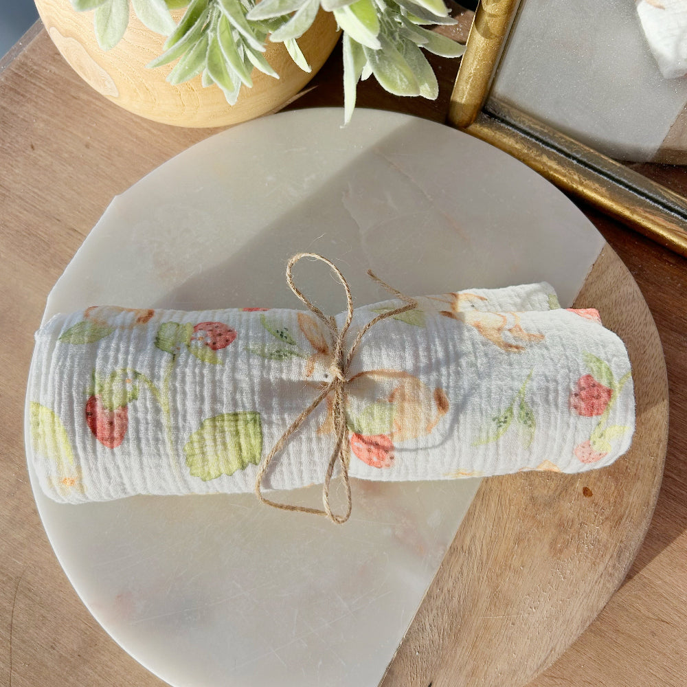 Muslin Swaddle - Strawberry Bunnies