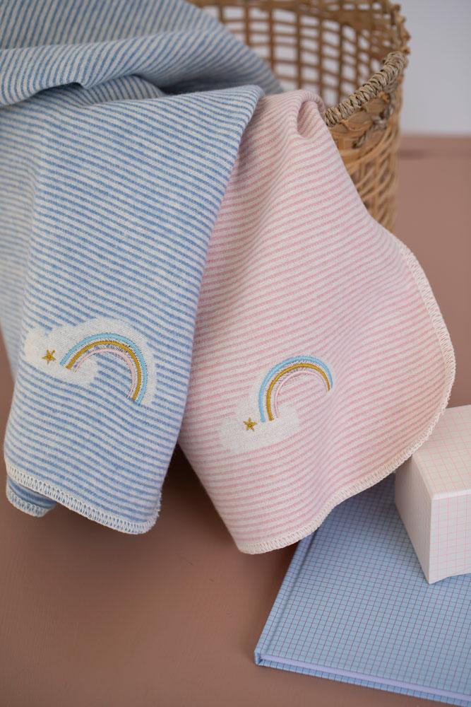 Cotton Flannel Blanket - Pink Stripes with Rainbow