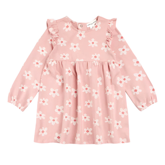 Organic Cotton Ruffle Dress - Pixelated Daisy on Rose