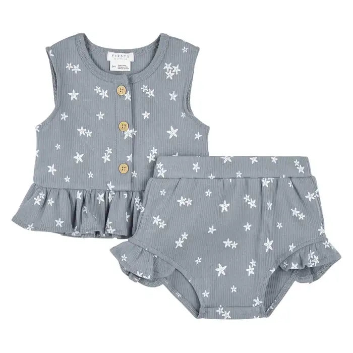 Ribbed Peplum Short Set - Dusty Blue