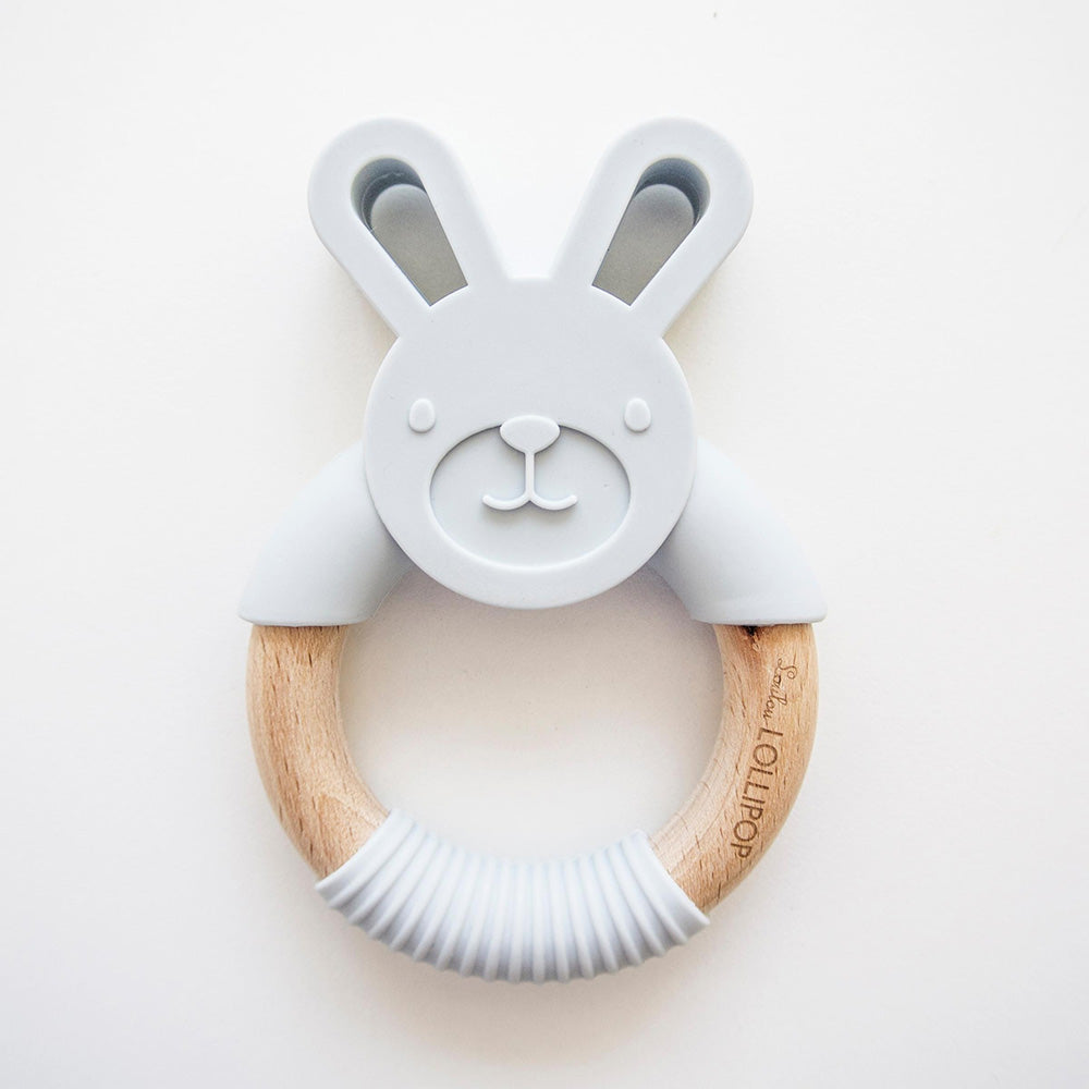 Bunny Silicone and Wood Teether Ring - Light Grey