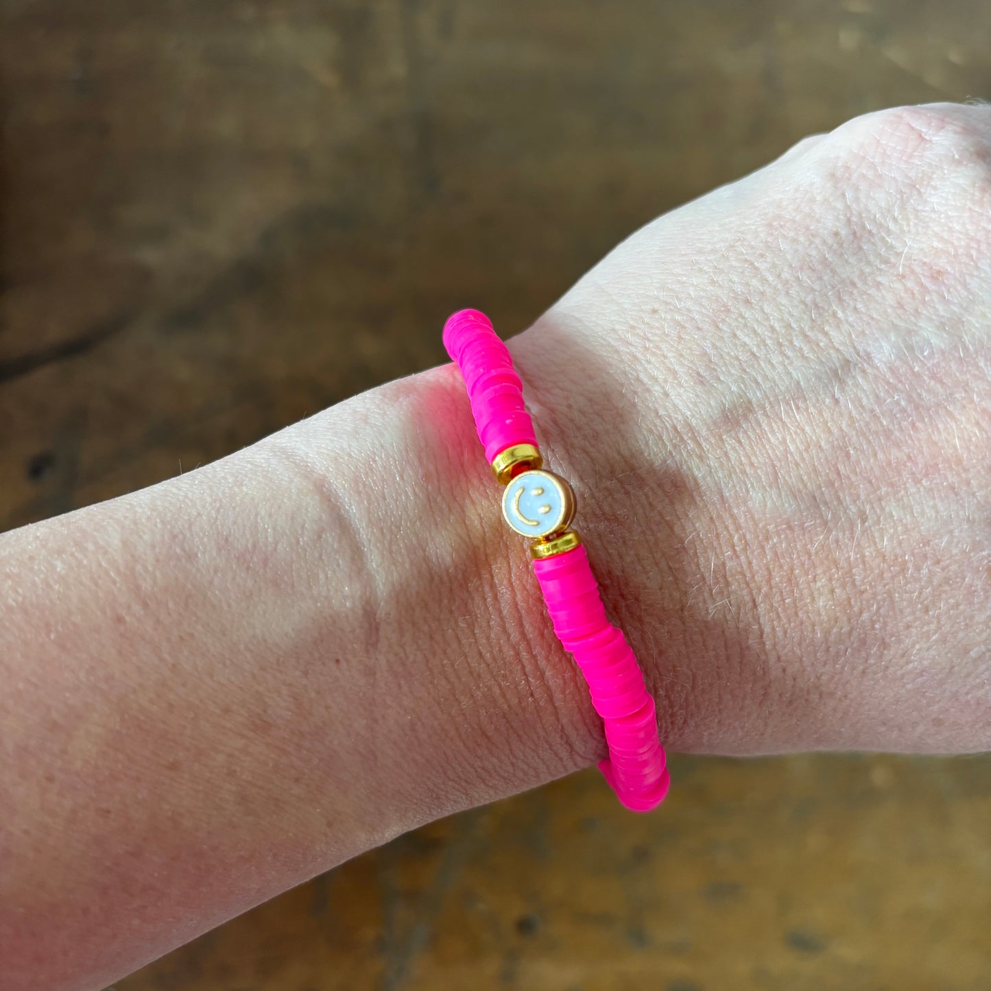 Smiley Face Beaded Stacking Bracelet - Bright Pink