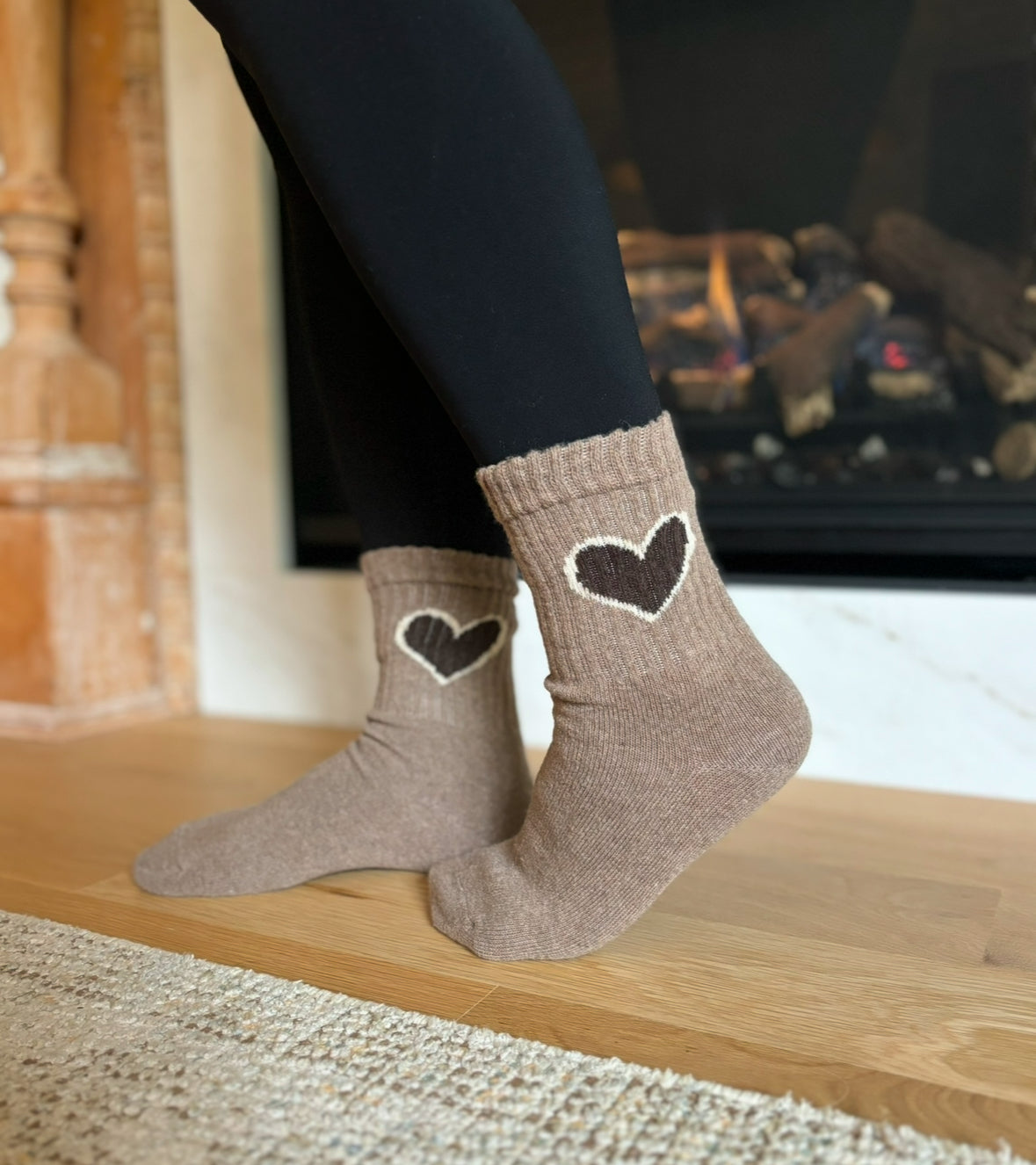 Ribbed Heart Tube Socks - Mocha