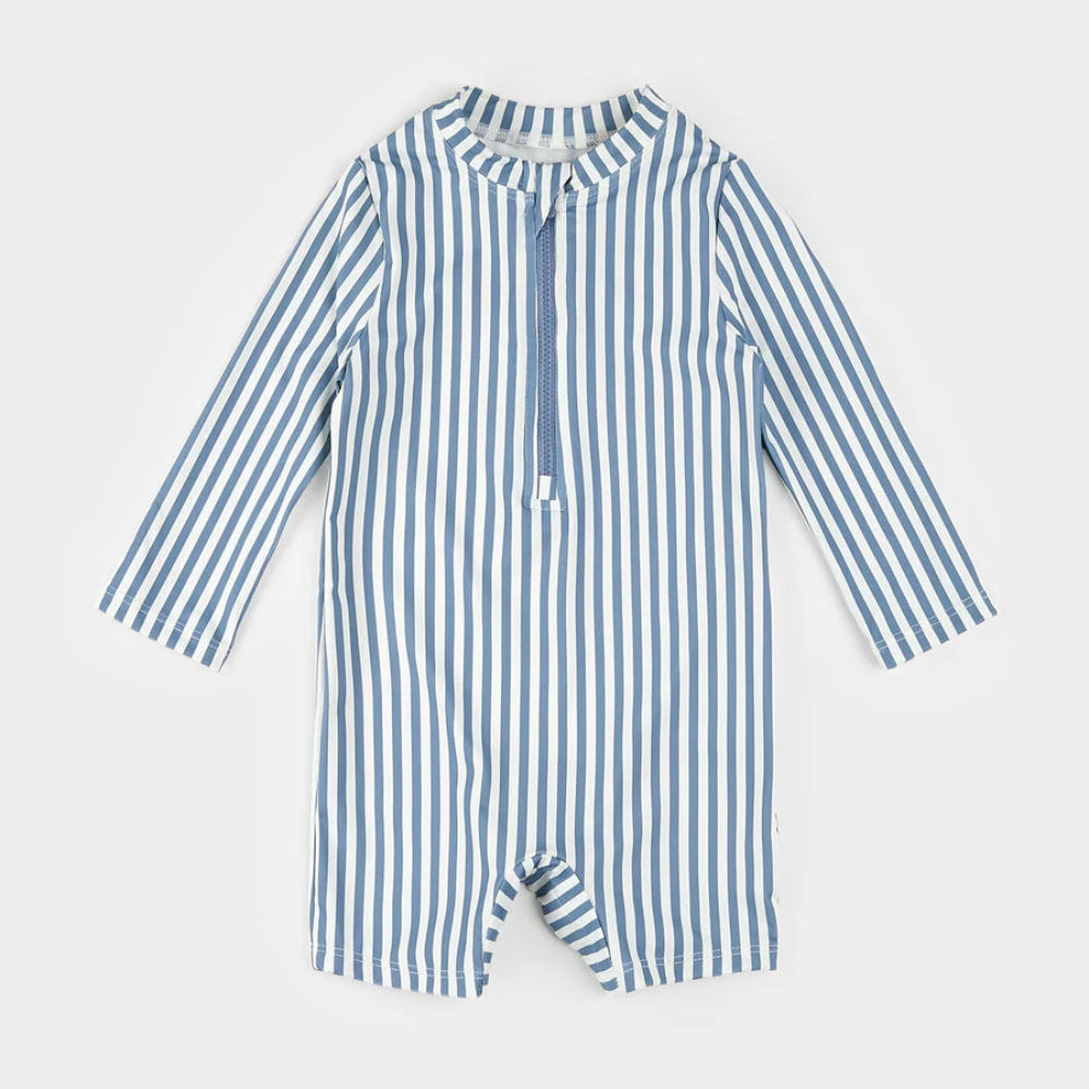 Long-Sleeve Swim Romper - Blue Stripe