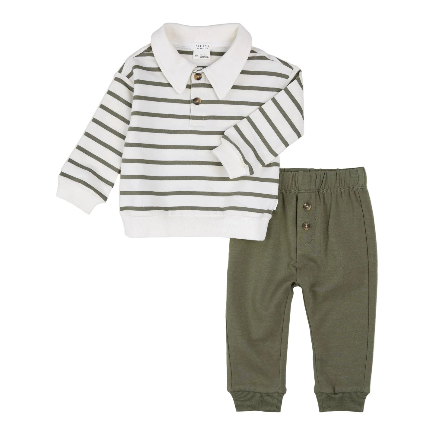 Polo Top and Bottom Set - Olive Green Stripes