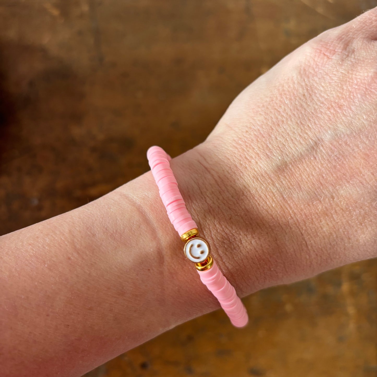 Smiley Face Beaded Stacking Bracelet - Light Pink