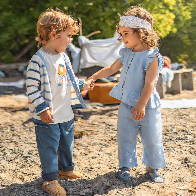 White Knit Cardigan - Blue Stripes