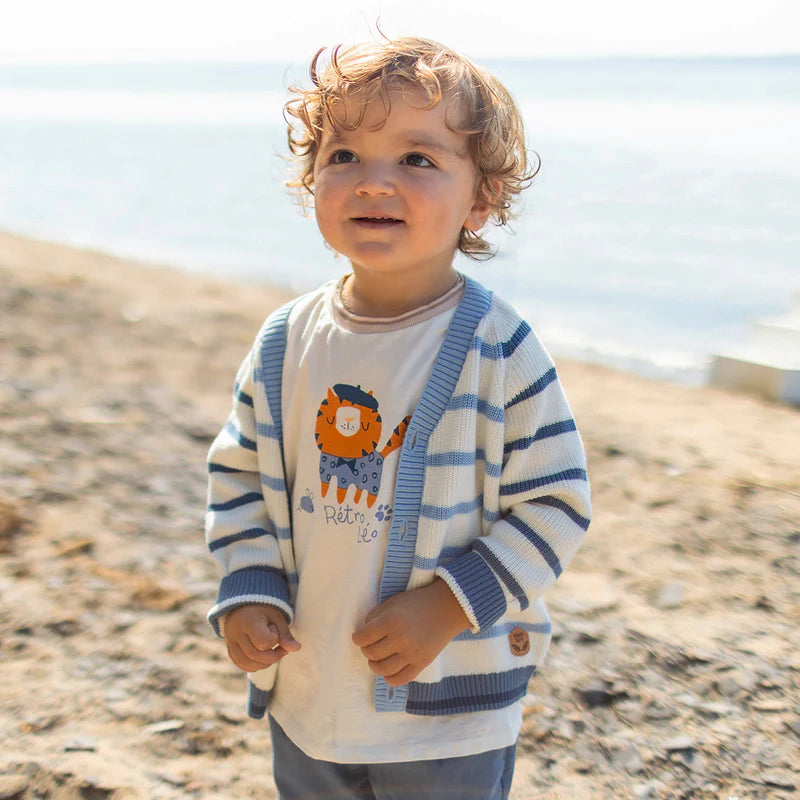 White Knit Cardigan - Blue Stripes