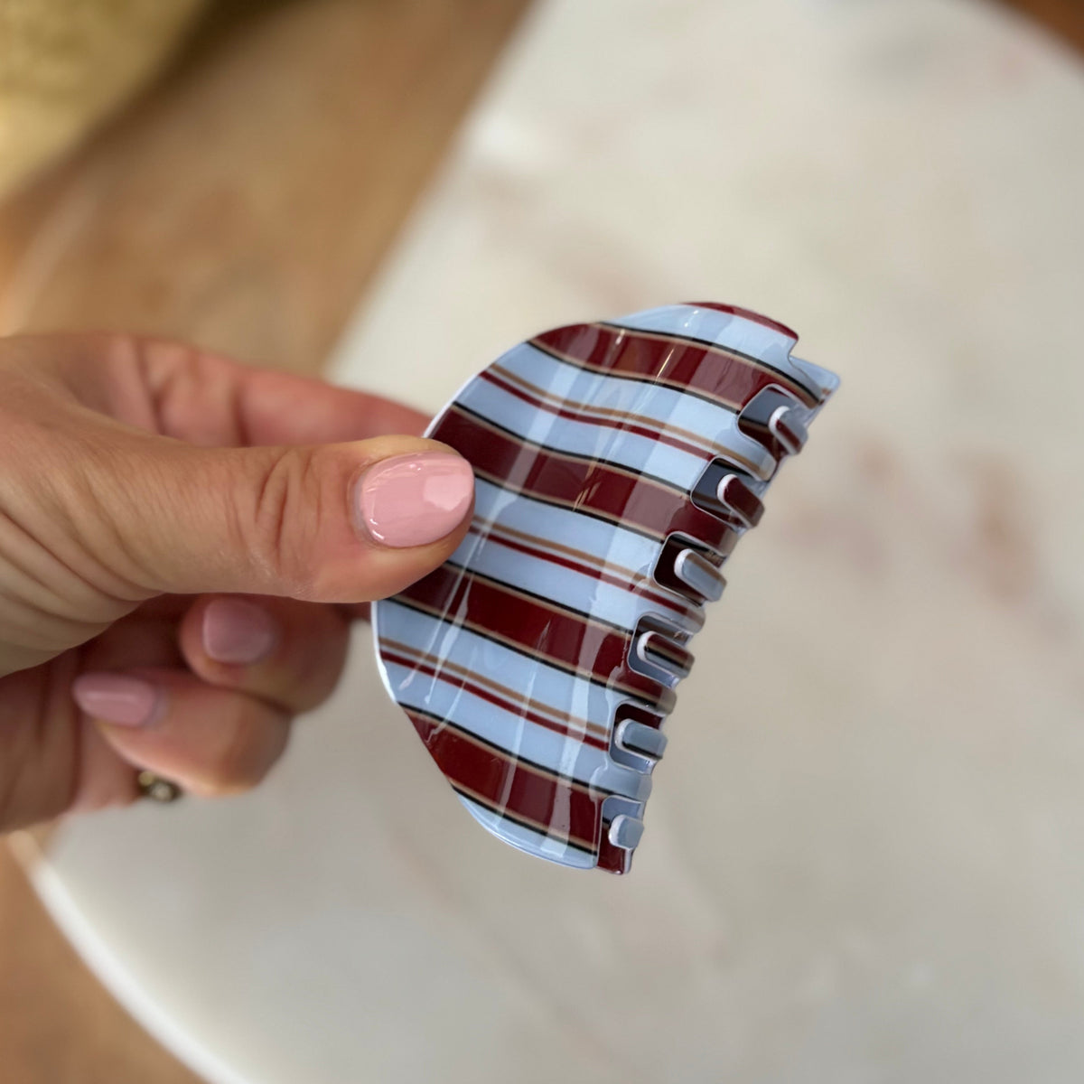 Half-Moon Hair Clip - Brown/Blue Stripes