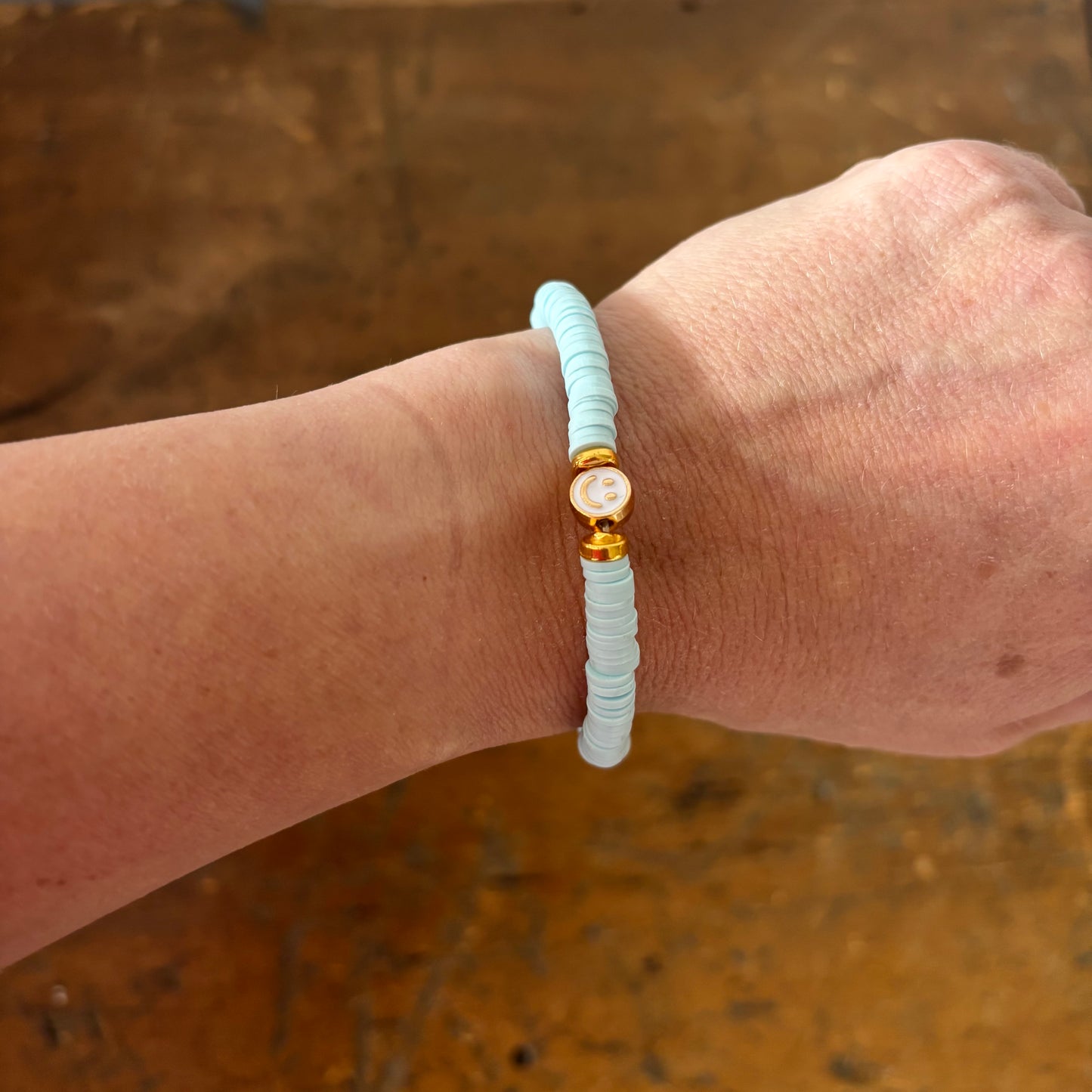 Smiley Face Beaded Stacking Bracelet - Light Blue