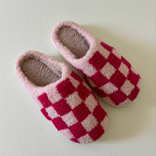 Checkered Sherpa Memory Foam Slippers - Pink