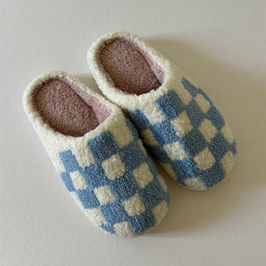 Checkered Sherpa Memory Foam Slippers - Blue