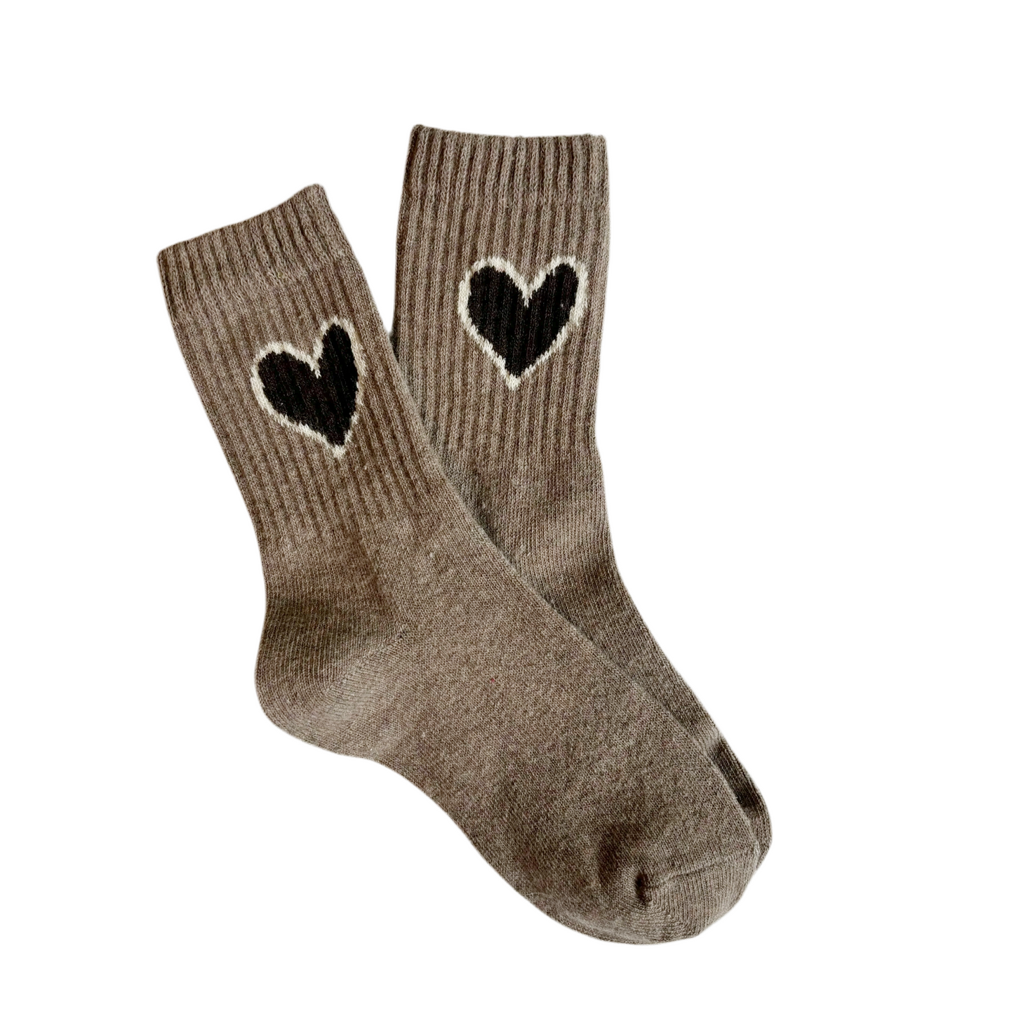 Ribbed Heart Tube Socks - Mocha