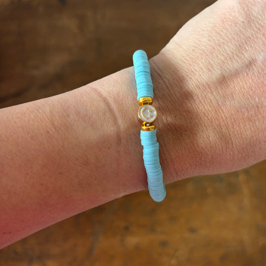 Smiley Face Beaded Stacking Bracelet - Bright Blue