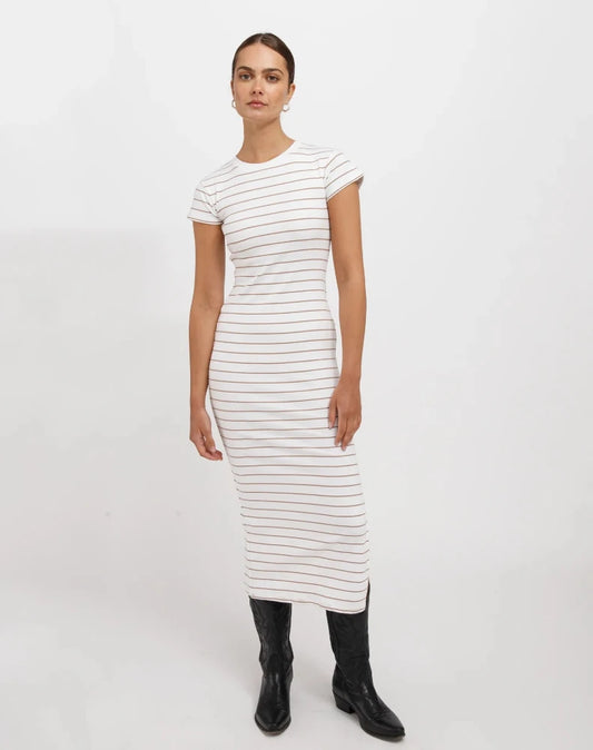 Ribbed Midi Dress - White & Fawn