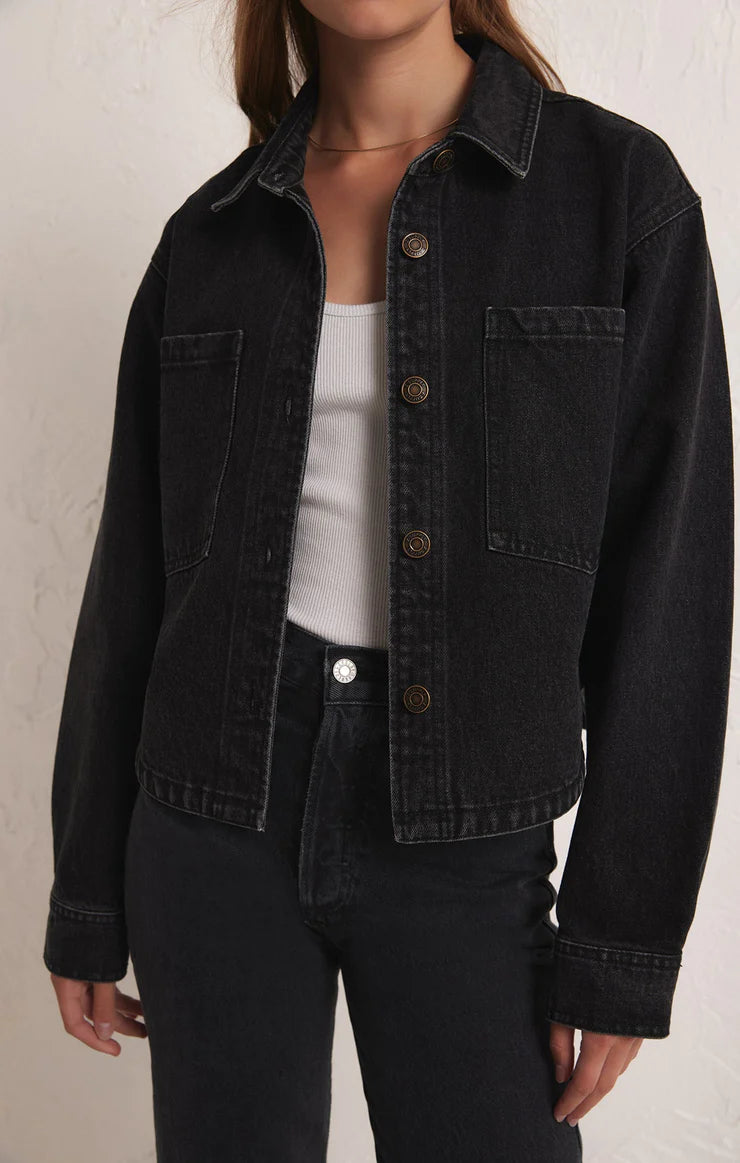 Cropped Denim Jacket - Washed Black