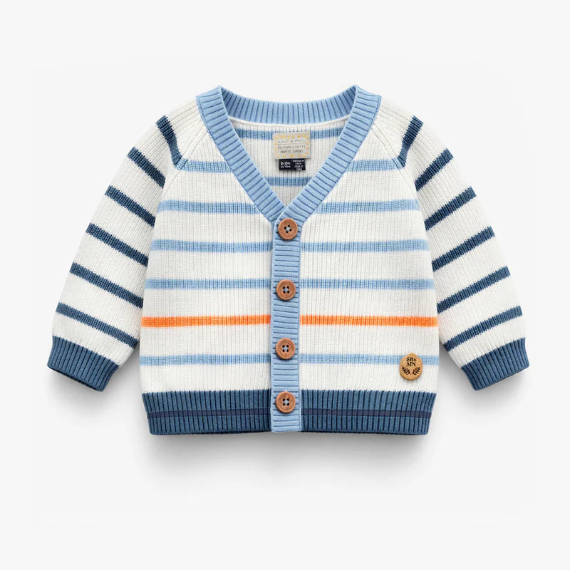 White Knit Cardigan - Blue Stripes