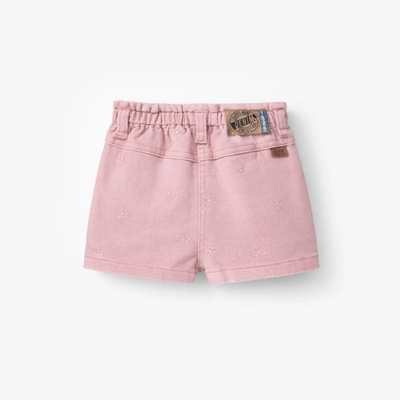 Embroidered Flower Denim Shorts - Pink