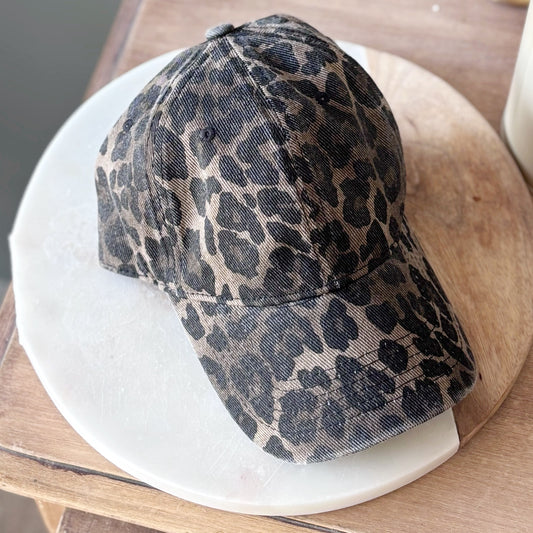 Washed Denim Baseball Cap - Leopard