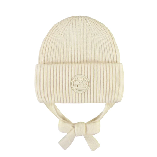 Knit Baby Hat with Ties - Cream