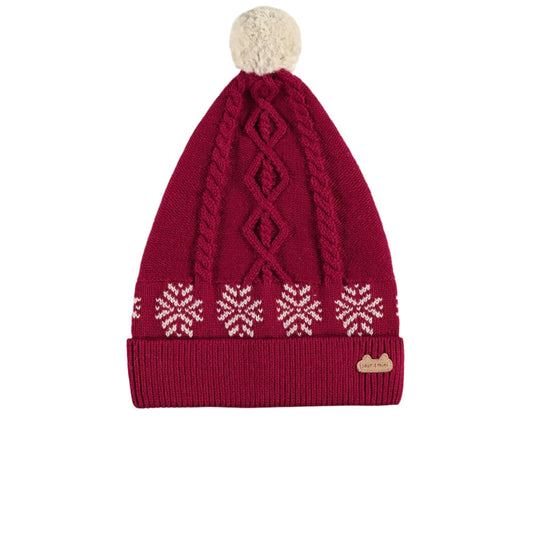 Cable Knit Hat with Pompom - Red