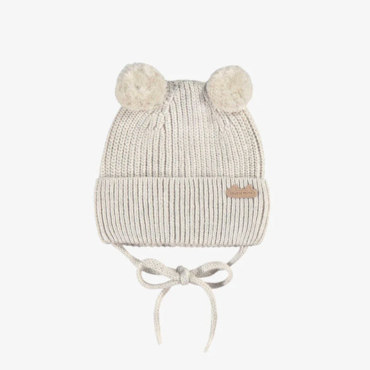 Knit Baby Hat with Pompoms - Cream