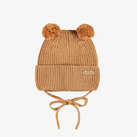 Knit Baby Hat with Pompoms - Caramel