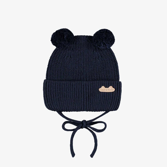 Knit Baby Hat with Pompoms - Navy Blue