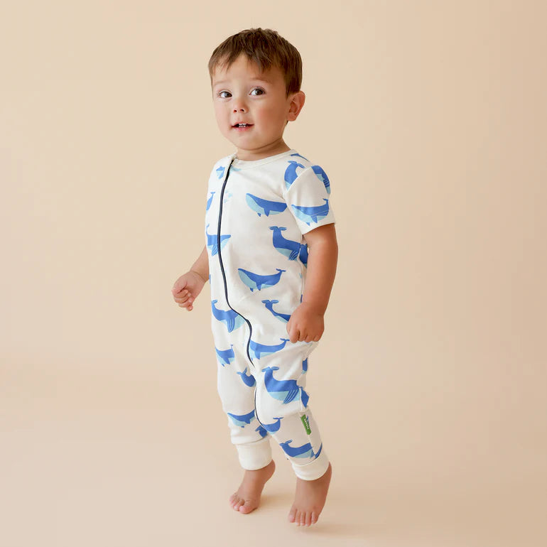 Short Sleeve Zip Romper - Whales