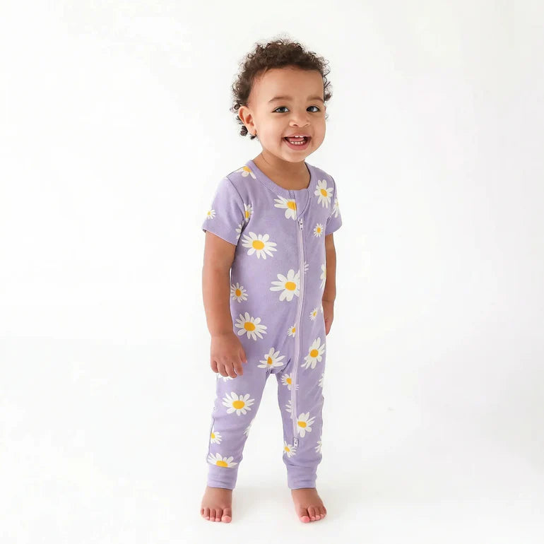 Short Sleeve Zip Romper - Big Daisies