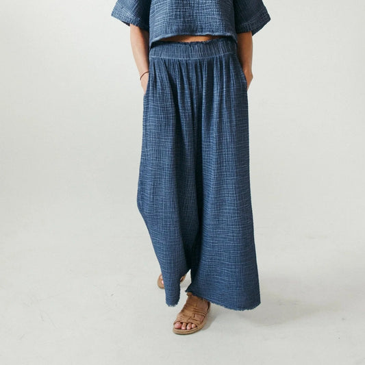 Crinkle Cotton Palazzo Pant - Washed Denim (O/S)
