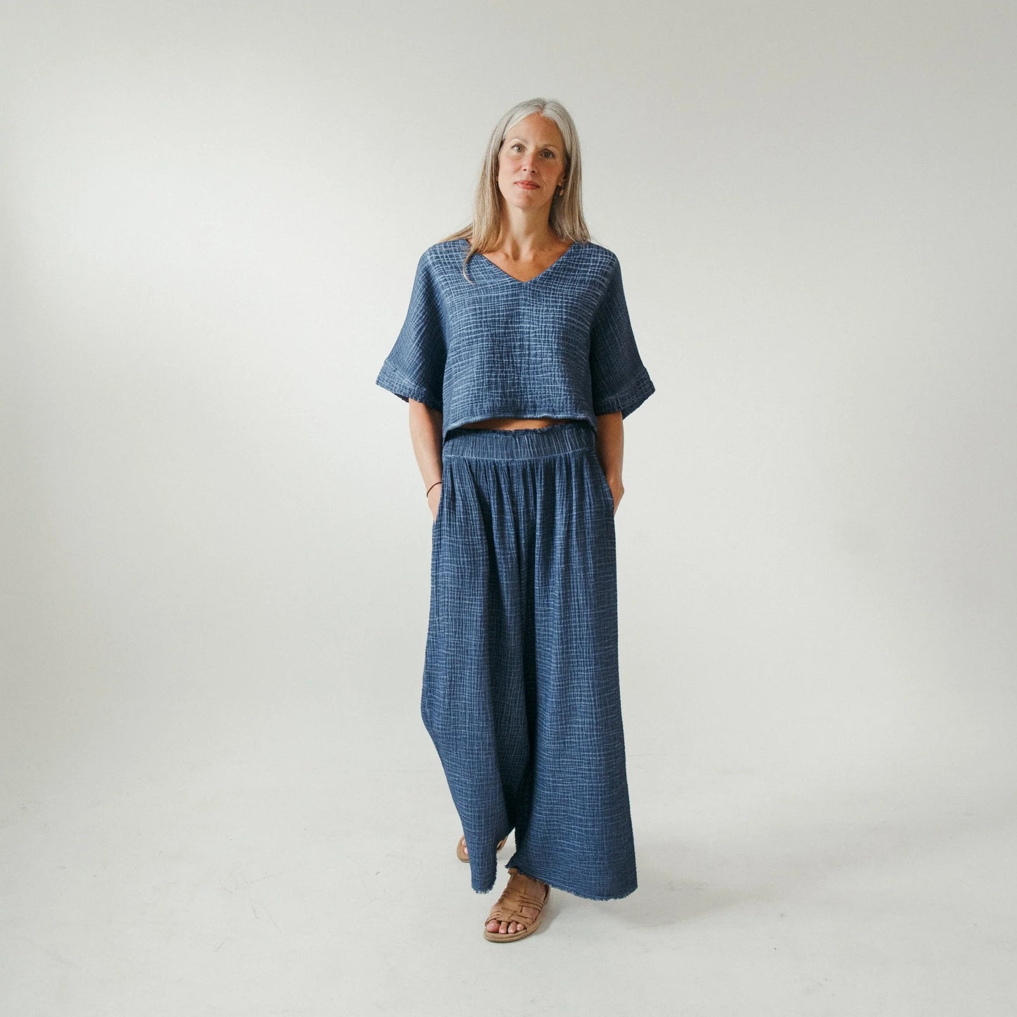 Crinkle Cotton Palazzo Pant - Washed Denim (O/S)