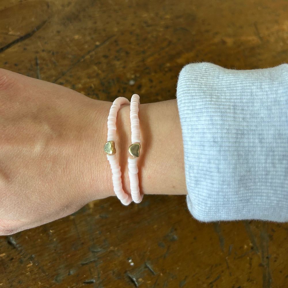 Gold Heart Beaded Stacking Bracelet - Pale Pink