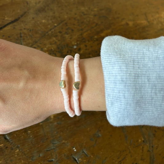 Gold Heart Beaded Stacking Bracelet - Pale Pink