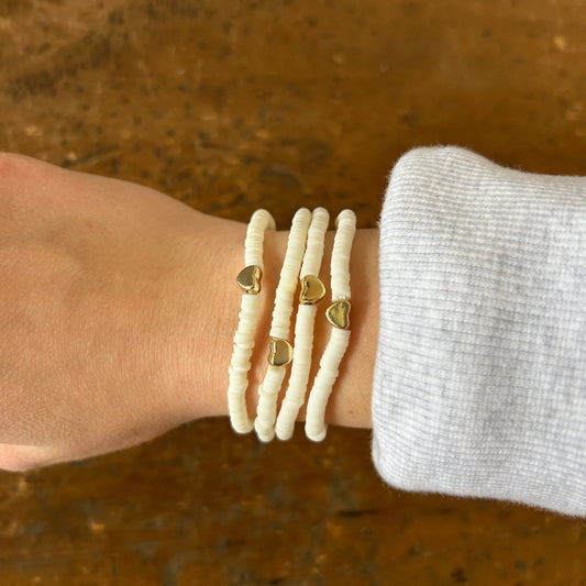 Gold Heart Beaded Stacking Bracelet - Ivory