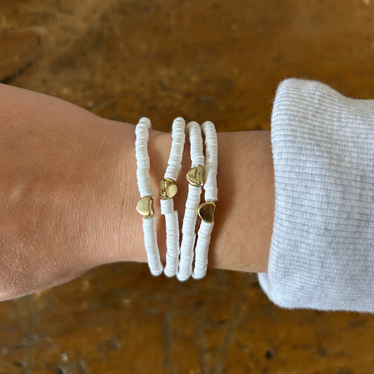 Gold Heart Beaded Stacking Bracelet - White